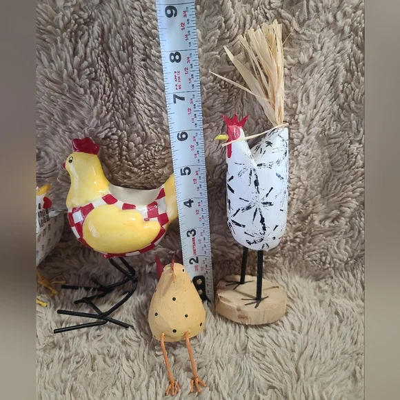 Colorful Chicken Figurine Set, Shelf Sitter, Navajo Signed Wood Chicken, Dept 56 - Picture 3 of 13